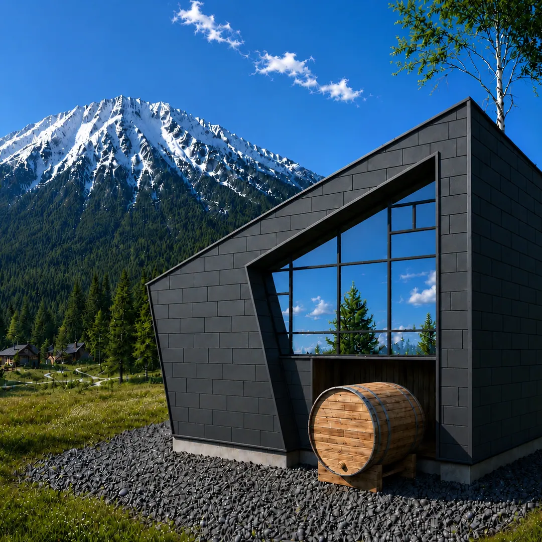 風景の中で立ち,時間に残る建築をつくる|雪景の斜門|進行中の計画案.パースは建築模型をもとにChatGPTで作成したイメージです.計画時の図面とは一部表現が異なります.
