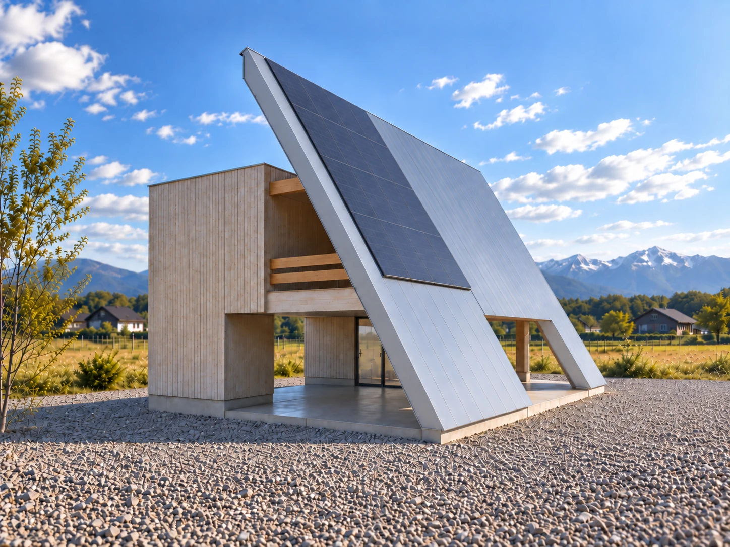 大きなタープに覆われた家 太陽光パネルを載せた覆いの計画CG